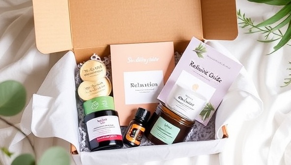 A visually appealing image of a beautifully designed subscription box filled with wellness products, such as candles, essential oils, herbal teas, and a relaxation guide, creating a sense of tranquility and self-care indulgence.