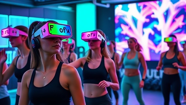An AR fitness class setting with participants wearing AR glasses, interacting with virtual trainers and workout elements, surrounded by futuristic gym equipment and colorful digital displays, blending reality with virtual fitness challenges.
