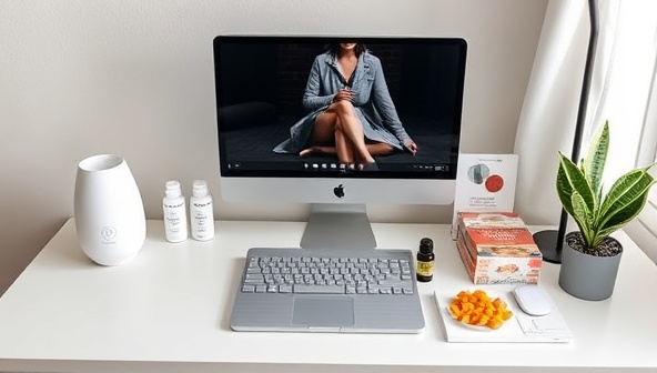 A serene workspace setup with a sleek desk featuring ZenFlow Wellness products like a meditation cushion, essential oil diffuser, healthy snacks, and a calming plant, creating a tranquil and productive environment for busy professionals seeking work-life balance.