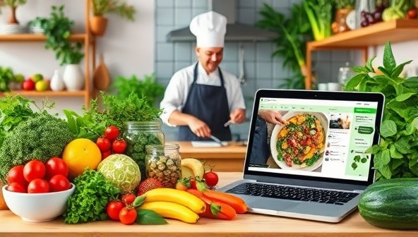 A vibrant and lush kitchen setting with an array of fresh fruits, vegetables, and plant-based ingredients, a chef preparing a colorful dish, and a laptop screen displaying a live cooking demo with interactive chat features, creating a welcoming and sustainable culinary atmosphere.