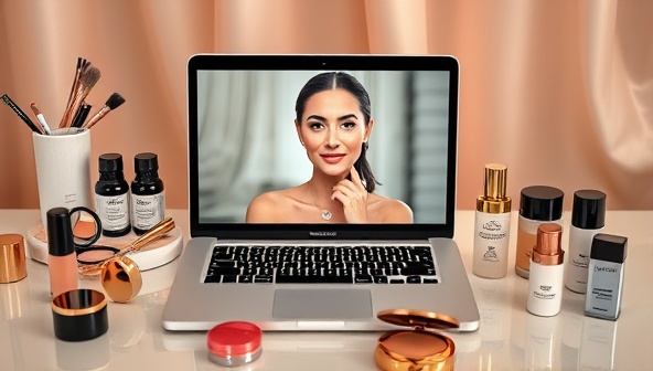 An elegant virtual beauty consultation setup with a laptop displaying a live video call between a beauty consultant and a client, surrounded by various skincare and makeup products, creating a luxurious and interactive beauty experience.