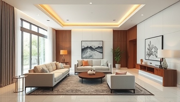 An elegant living room design combining modern architecture with traditional Feng Shui elements, featuring harmonious furniture arrangement, natural light optimization, and symbolic decor, creating a serene and balanced living space envisioned by HarmonySpace Architects.