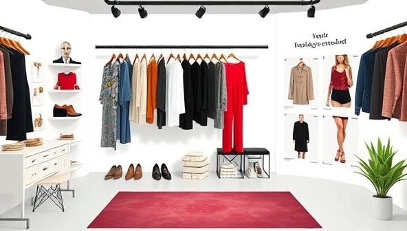 A digital fashion studio setup with virtual racks of clothing, accessory displays, style mood boards, and personalized look suggestions, creating a chic and trendy environment for virtual style consultations and fashion makeovers.
