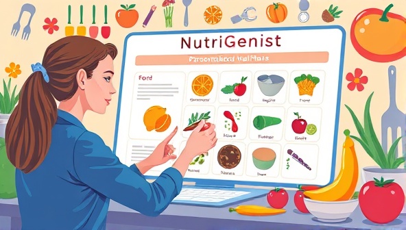 An artistic interpretation of a NutriGenie nutritionist crafting personalized meal plans on a digital interface, surrounded by colorful food ingredients and health-related icons, symbolizing the tailored and vibrant nature of the subscription service.