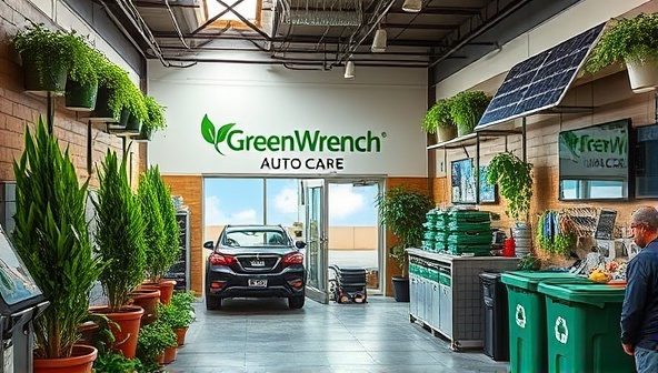 An eco-friendly auto repair shop adorned with green plants, solar panels, and recycling bins, showcasing the commitment to sustainability and environmental responsibility at GreenWrench Auto Care, appealing to environmentally conscious customers.