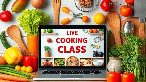 A colorful collage of fresh ingredients, cooking utensils, and a laptop displaying a live virtual cooking class, evoking a vibrant and interactive culinary experience.