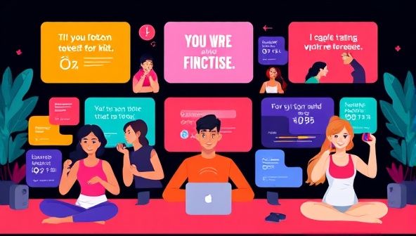 A vibrant and dynamic digital illustration showing diverse individuals exercising together virtually, with motivational quotes and progress trackers displayed on screens around them, creating a sense of community and achievement.