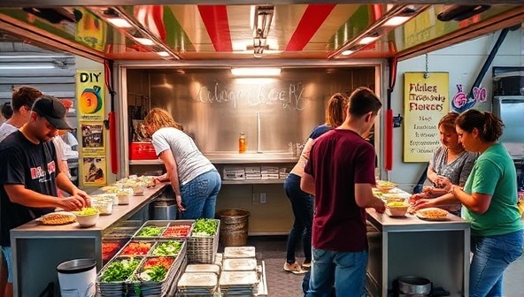 A dynamic scene showcasing the CulinaryCraze Wheels food truck setup with colorful cooking stations, fresh ingredients, and enthusiastic customers assembling their DIY meal kits, capturing the interactive and immersive culinary experience.