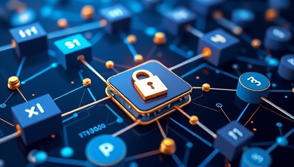 An abstract representation of blockchain technology with interconnected blocks and cryptographic symbols, conveying the concept of secure and immutable website authentication powered by blockchain, instilling trust and reliability in online identities.