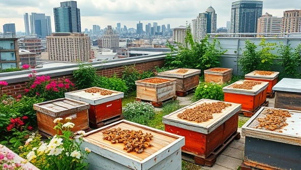 A picturesque urban rooftop garden with beehives buzzing with activity, surrounded by blooming flowers and lush greenery, illustrating a harmonious coexistence of nature and city life.