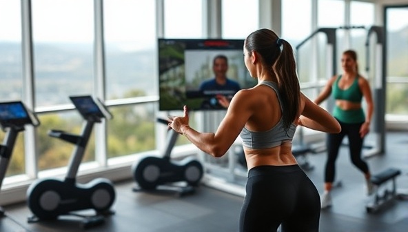 A dynamic workout scene with a virtual fitness coach guiding clients through an energizing exercise routine, set against a backdrop of scenic outdoor views and high-tech fitness equipment, illustrating the interactive and motivational aspects of FitFusion Coach.