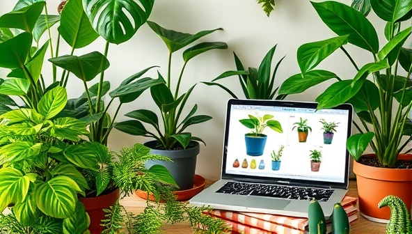 An assortment of lush green plants arranged in a cozy indoor setting, with gardening tools, plant care books, and a laptop displaying a virtual plant consultation session, showcasing a harmonious blend of technology and nature in plant care.