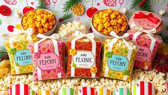 An artistic and colorful display of assorted popcorn flavors in decorative packaging, surrounded by popcorn kernels, flavoring ingredients, and festive decorations, evoking a sense of gourmet snacking delight and variety.