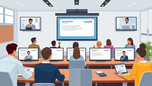 An illustration of a virtual classroom setting with diverse professionals engaging in legal compliance training modules on their screens, showcasing a modern and interactive learning environment for subscribers.