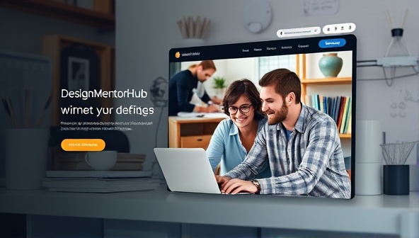 An online platform interface showcasing a mentor and mentee engaged in a virtual mentorship session, with design tools and resources visible in the background, symbolizing the collaborative and supportive environment of DesignMentorHub for aspiring web designers.