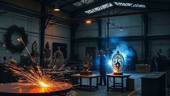 An elegant image of a metal fabrication workshop with sparks flying from welding torches, intricate metal sculptures on display, and artisans crafting custom metal pieces, showcasing skill and precision in metalwork.
