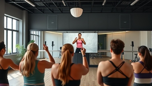 A dynamic image of a virtual fitness class in progress, with participants following along with the instructor on screen, showcasing the energy and enthusiasm of the online workout session and the sense of community and motivation it fosters.