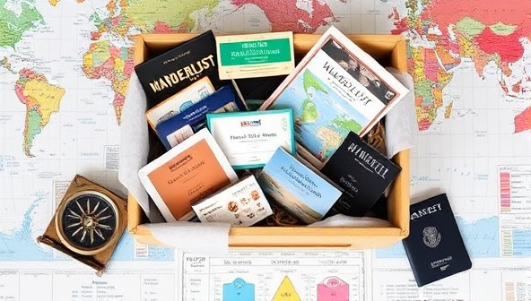 An assortment of travel essentials and unique souvenirs neatly packed in a Wanderlust Crate, surrounded by a world map, a vintage compass, and a passport, evoking the sense of wanderlust, discovery, and excitement associated with the monthly adventure travel subscription box.