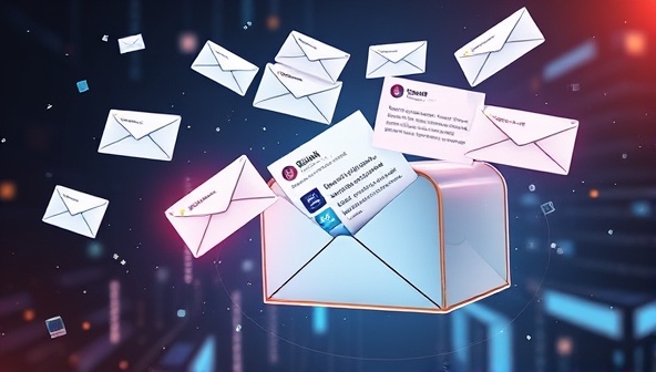 An imaginative depiction of emails flying out of a futuristic AI-powered mailbox, with personalized messages and dynamic content, representing the efficiency and personalization of the IntelliMail platform.