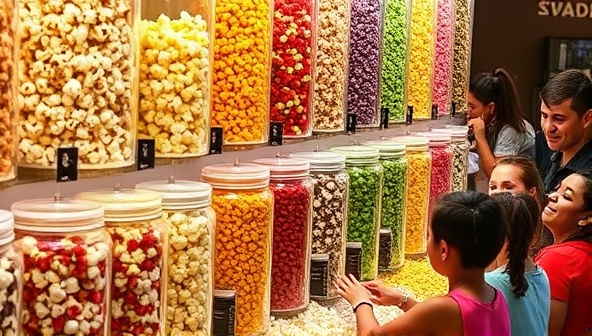 A colorful array of assorted gourmet popcorn flavors displayed in glass jars with vibrant toppings and seasonings, surrounded by happy customers enjoying the interactive popcorn bar experience.