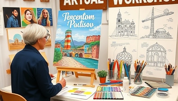 A virtual art workshop setup featuring an artist leading a painting session inspired by a travel destination, surrounded by colorful art supplies, creative tools, and digital art sketches, creating an artistic and immersive environment for participants to unleash their creativity and explore global art forms.