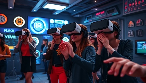 An exhilarating virtual reality scene with players wearing VR headsets, solving intricate puzzles in a futuristic virtual escape room filled with interactive elements and hidden clues, creating a thrilling and immersive gaming experience.