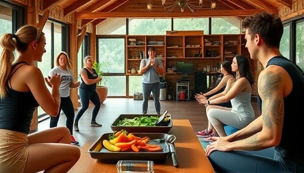 An energetic virtual fitness retreat setting with participants engaging in a high-intensity workout, motivational coaching session, and healthy meal preparation demonstration, inspiring a sense of wellness, vitality, and community support in a virtual fitness environment.