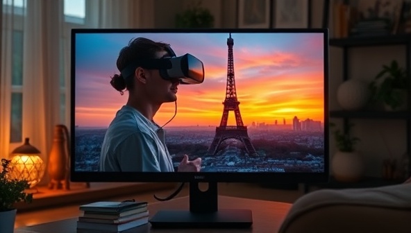 A computer screen displaying a stunning virtual tour of the Eiffel Tower at sunset, with a user wearing VR goggles, completely immersed in the experience, surrounded by a cozy living room setting.