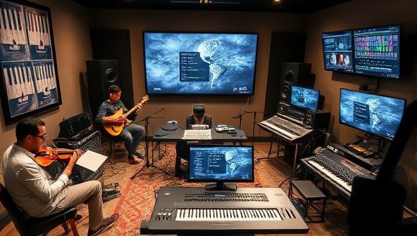 A virtual music studio within HarmonyHub Studio featuring a diverse group of musicians from around the world collaborating on a music project, with digital instruments, mixing boards, and audio tracks visible on screens, creating a dynamic and creative environment for remote music production and collaboration.