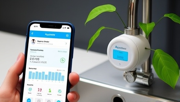 A smartphone displaying the AquaSense app with a user checking their water consumption statistics, a modern smart meter attached to a sink, and a green plant in the background symbolizing sustainability and conservation.