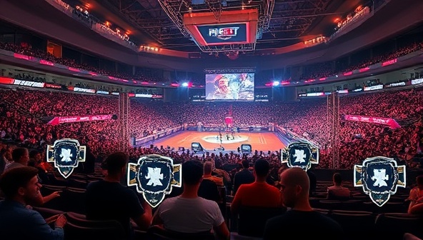 An electrifying visual of a virtual arena filled with digital avatars competing in an intense gaming tournament, with a large virtual crowd cheering in the background, capturing the excitement and competitive spirit of esports.