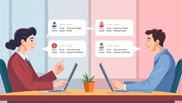 An engaging digital illustration of a rent negotiation process with a renter and a landlord exchanging virtual negotiation offers and terms, symbolizing the online rent negotiation service's efficiency and transparency.