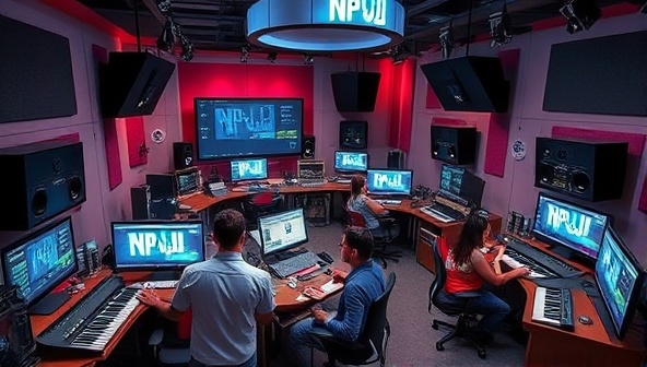 An artistic representation of a virtual music production studio filled with digital audio workstations, musical instruments, and mixing equipment, with participants interacting with software interfaces and creating music, capturing the essence of hands-on learning in a digital music lab.