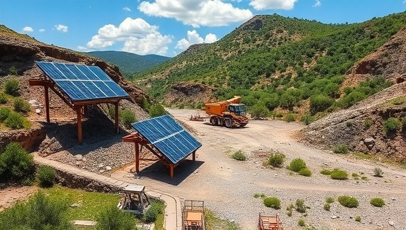 An image of a rugged mining site with solar panels powering mining equipment, surrounded by lush greenery and clear skies, highlighting the eco-friendly and sustainable aspect of the business.