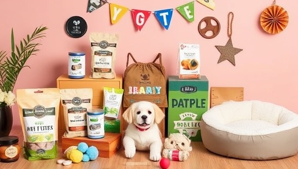 A playful image featuring a variety of pet products such as gourmet treats, eco-friendly toys, stylish accessories, and cozy pet beds arranged in a vibrant and pet-friendly setting, appealing to pet owners seeking premium and locally-sourced items for their furry companions.