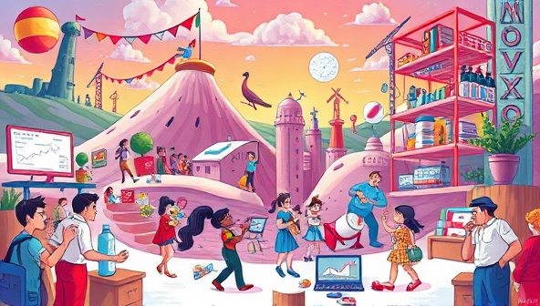 An imaginative storyboard with vibrant illustrations depicting fictional brand characters, settings, and products interacting in a dynamic and visually captivating world, illustrating the agency's ability to bring brands to life through storytelling.