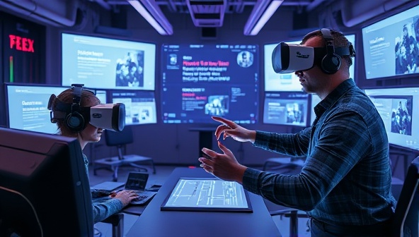 An immersive VR experience showing a designer and a client interacting in a virtual space, manipulating website elements in real-time, with futuristic design tools and virtual screens surrounding them, illustrating the cutting-edge nature of VR design consultations.