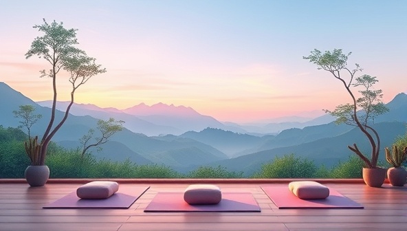 A tranquil digital illustration of a virtual wellness retreat scene, featuring serene landscapes, yoga mats, meditation cushions, and calming colors, evoking a sense of relaxation and inner peace.
