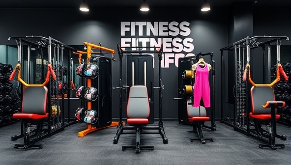 An assortment of custom fitness equipment pieces designed for different workout routines, displayed in a sleek gym setting, with vibrant workout gear and motivational quotes in the background, showcasing the personalized fitness experience offered by the business.
