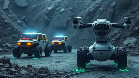 An image of autonomous mining vehicles and robotic drones operating in a mining environment, showcasing the futuristic technology and efficiency gains achieved through robotic automation with RoboMine Automation Solutions.