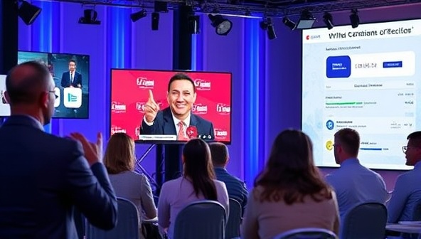 A virtual event scene featuring a professional host engaging with a virtual audience on a live stream, surrounded by interactive elements like polls, chat features, and branded event graphics, illustrating the dynamic and engaging nature of virtual event experiences crafted by VirtuEvents Agency.