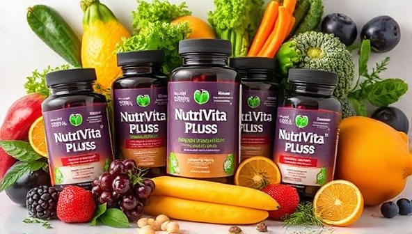 An artistic representation of NutriVita Plus's personalized nutraceutical supplement blends, displayed in sleek and modern packaging, surrounded by fresh fruits, vegetables, and herbs, symbolizing natural ingredients and personalized nutrition tailored to individual health goals.