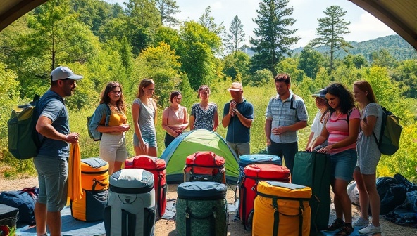 An outdoor setting with a diverse group of travelers happily unpacking rented eco-friendly camping gear, surrounded by lush greenery and clear skies, evoking a sense of sustainable adventure and responsible travel.
