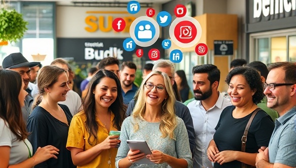A diverse array of local business owners smiling and engaging with customers in a vibrant community setting, with social media icons floating above them symbolizing online engagement and connection.