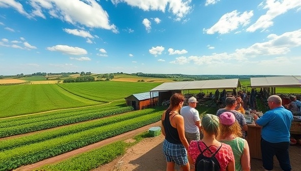 An immersive digital depiction of a virtual farm tour experience, featuring panoramic views of lush fields, bustling farmers markets, and interactive cooking demonstrations, offering a sensory journey into the world of agro-tourism within FarmVista Tours.