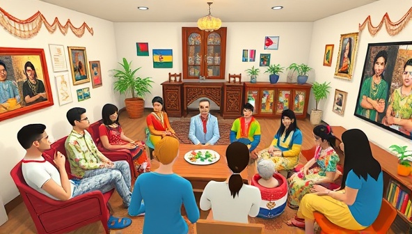 An interactive virtual room with avatars representing users from different countries engaging in cultural activities, sharing stories, and learning from each other, epitomizing the vibrant and diverse community of CulturaSwap Hub.
