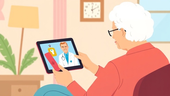 An illustration depicting a senior using a tablet to connect with a healthcare provider through the ElderCare Connect platform, showcasing the simplicity and accessibility of telemedicine for older adults.