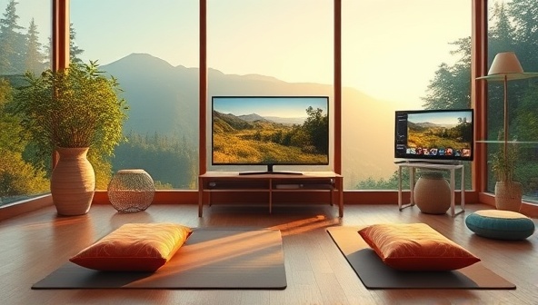 A serene virtual retreat setting with peaceful nature views, yoga mats, meditation cushions, and digital screens for online coaching sessions, creating a tranquil and rejuvenating atmosphere for holistic wellness.