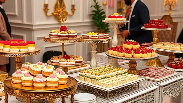 An elegant dessert spread at a pop-up event, showcasing a variety of colorful and exotic sweets displayed on ornate trays and stands, inviting guests to explore and indulge in a culinary adventure.