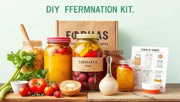 An artistic and informative image of a DIY food fermentation kit showcasing colorful jars, fresh ingredients, fermentation tools, and an illustrated step-by-step guide, inviting customers to embark on a fermenting journey at home.